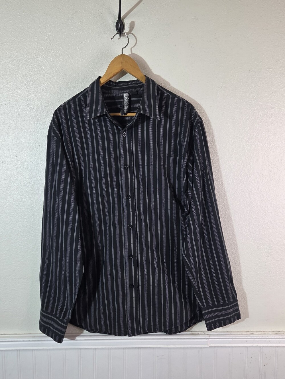 Y2K Anchor Blue Mens XL Black Gray Striped Shirt Emo Skate Goth Grunge